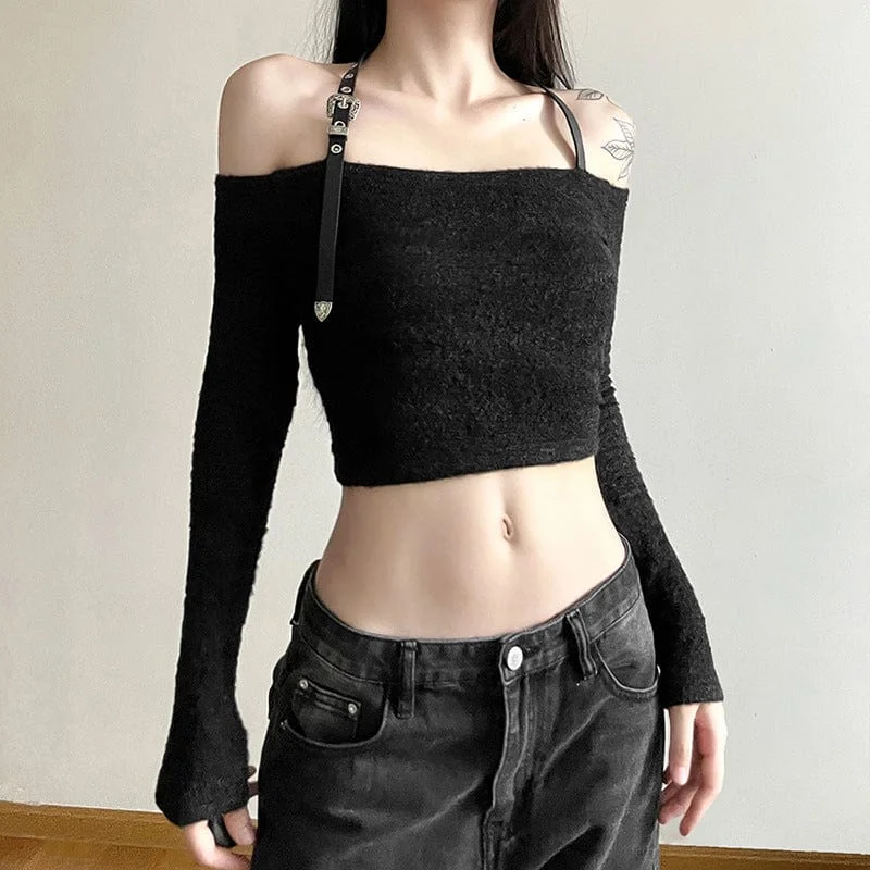 Gym T-Shirts for Training -Women's Grunge Halterneck Long Sleeved Crop Top