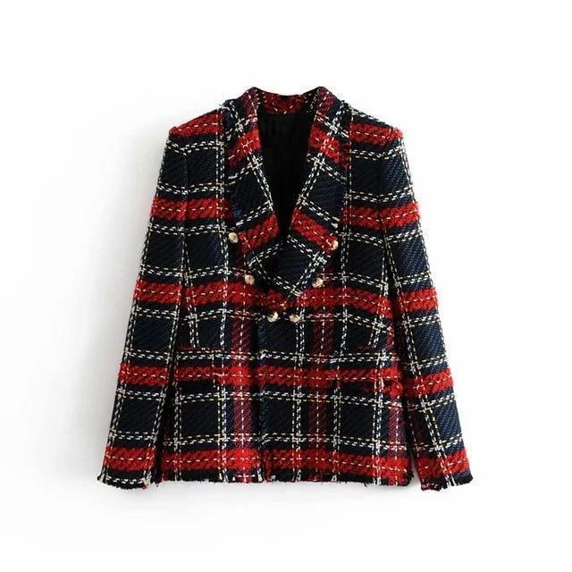 Blue T-Shirts for Classic Appeal -Women Plaid Tweed Blazer Women - Casual - Plaid