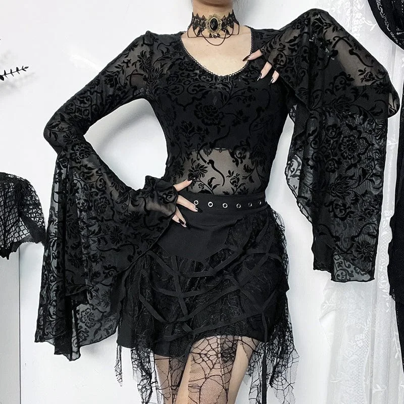 Custom T-Shirts for Personalized -Archived Women's Gothic Flare Sleeved Flocking Bodysuit