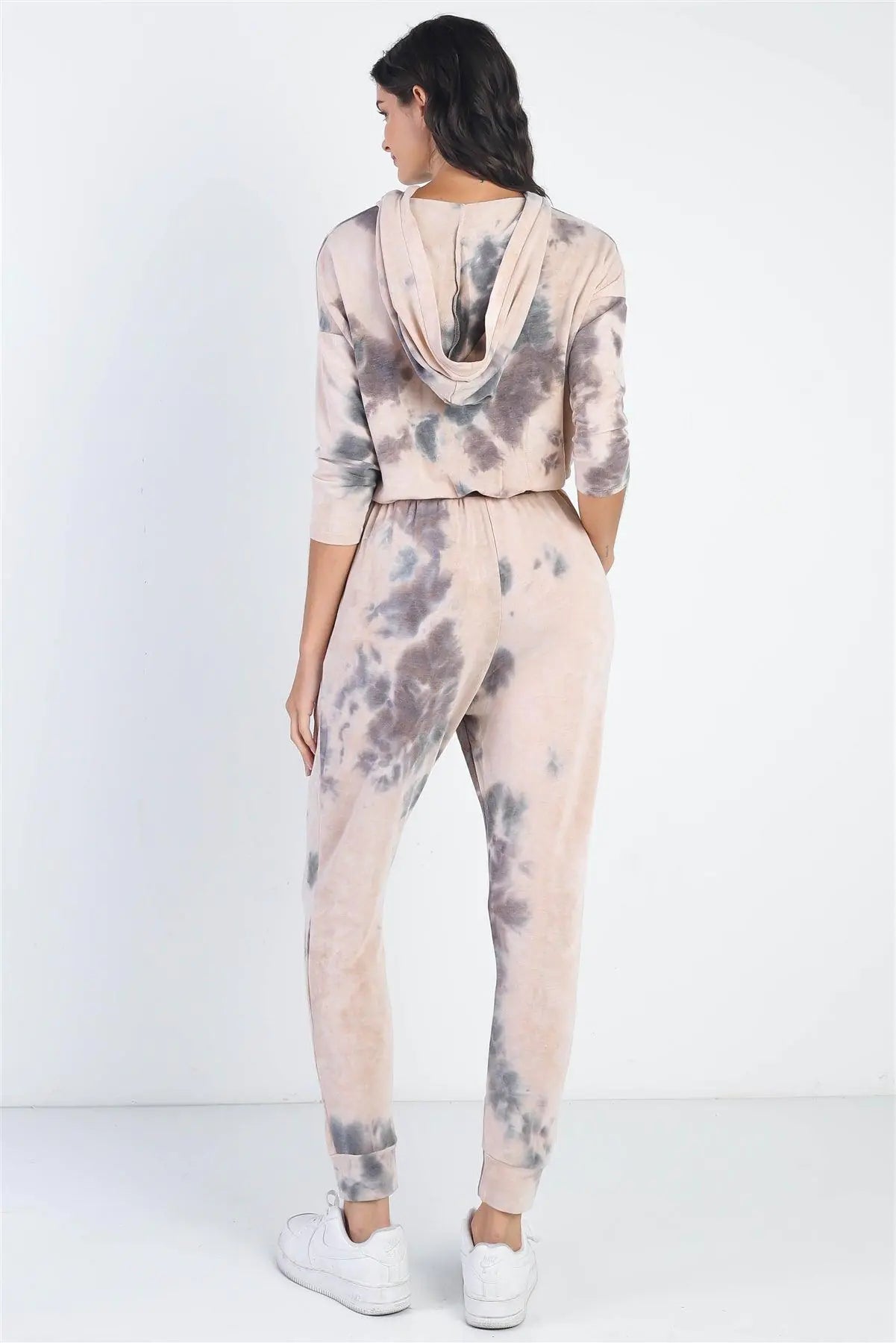 Festival T-Shirts for Music Events -Tie-Dye Button Up Midi Sleeve Hooded Jumpsuit