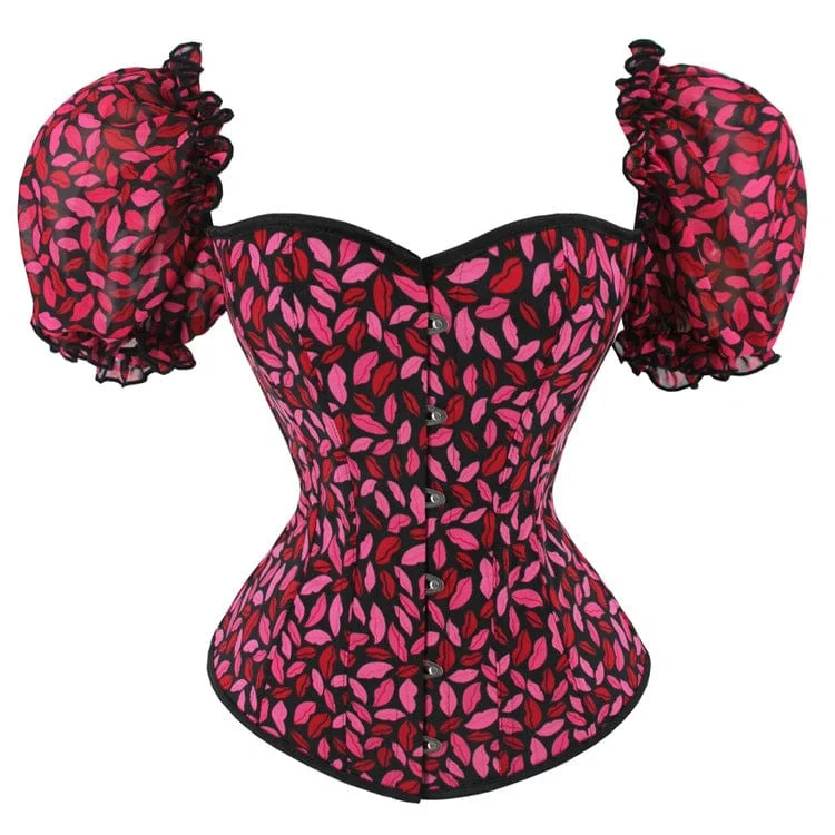 Weekend T-Shirts for Leisure -Women's Gothic Puff Sleeved Lips Printed Overbust Corset