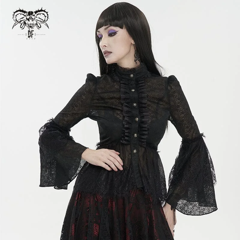 Patchwork T-Shirts for Unique Style -Women's Gothic Flared Sleeved Lace Shirt