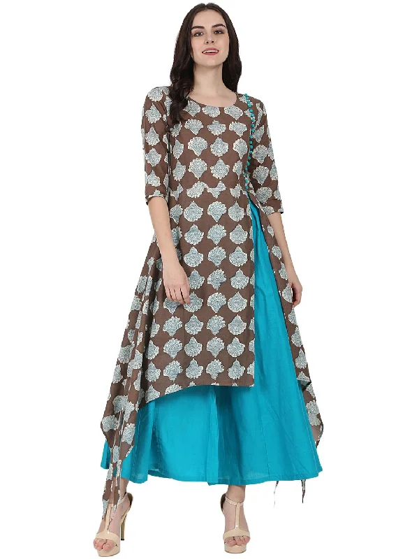 Beige Dresses for Neutral -NOZ2TOZ Coffee Brown Printed Half Sleeve Cotton Low High Kurta With Blue Flared Skirt