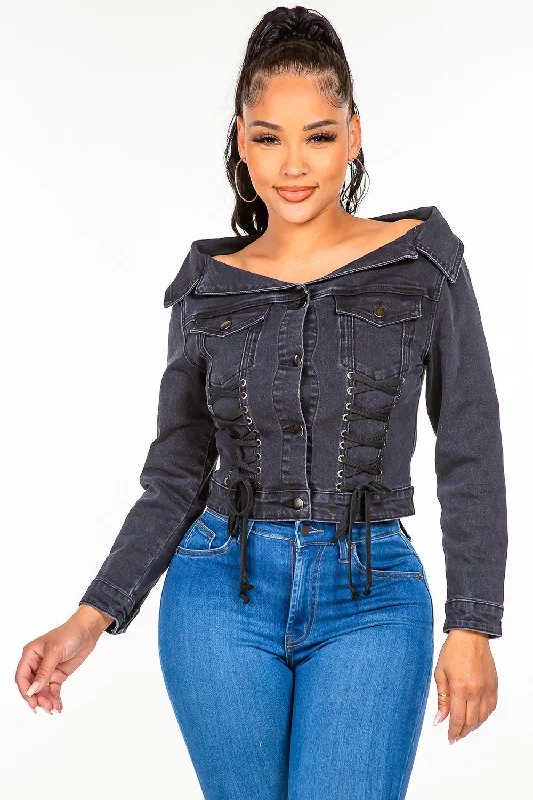 Patchwork T-Shirts for Unique Style -American Bazi Off Shoulder Lace Up Denim Jacket