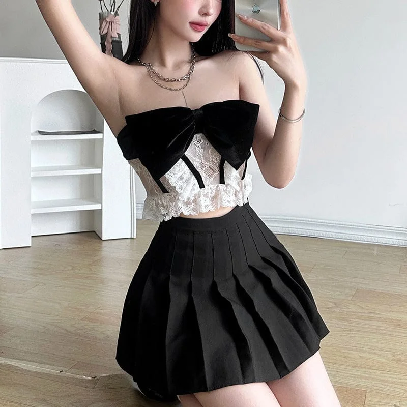 White T-Shirts for Pure Appearance -Women's Punk Bowknot Sheer Lace Bustier