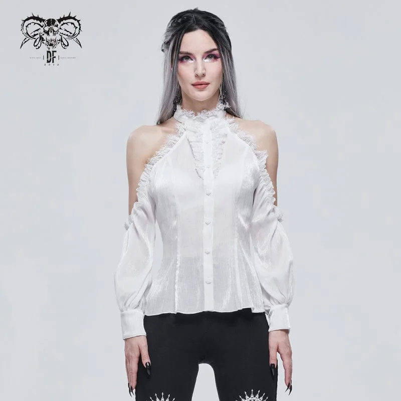 Green T-Shirts for Nature Vibe -Women's Gothic Strappy Off Shoulder Lace Hem White Shirt