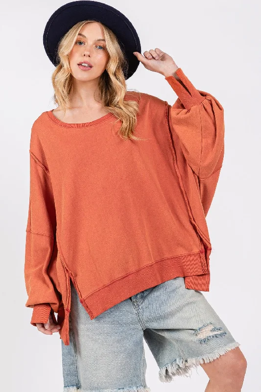 Beaded T-Shirts for Glamorous Touch -SAGE + FIG Mineral Wash Side Slit Oversized Sweatshirt