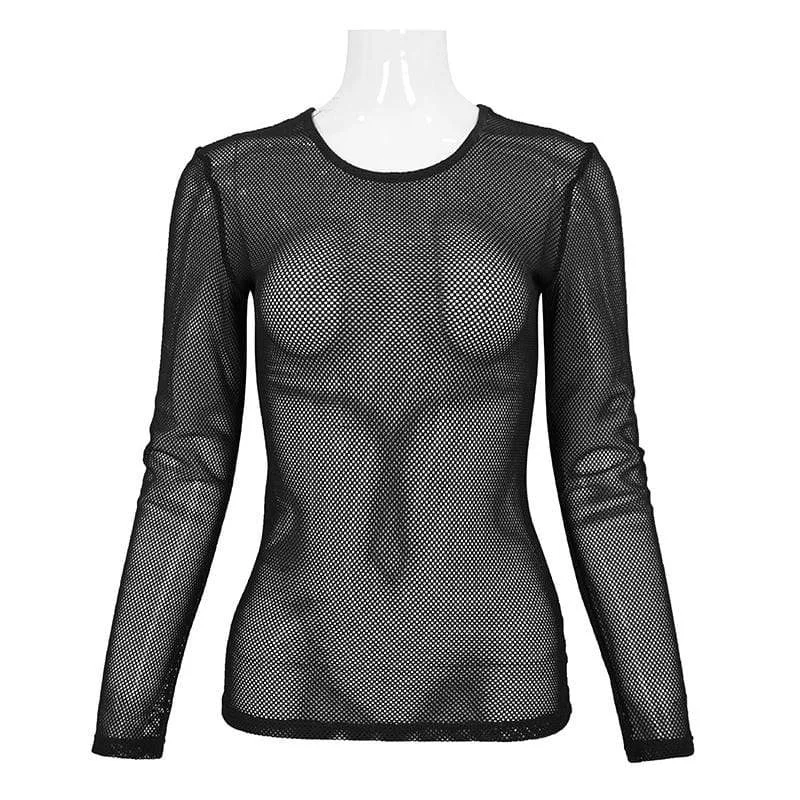 Crew Neck T-Shirts for Classic Style -Women's Gothic Sheer Mesh Tops