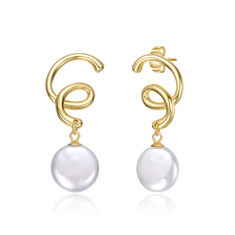 Hoop earrings with oversized designs for a bold, fashion-forward statement-14k Gold Plated Spiral Freshwater Pearl Dangle Earrings