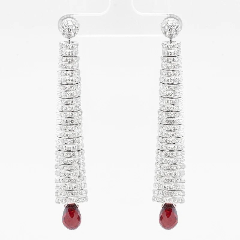 Best hoop earrings with delicate chain details for a trendy and stylish design-18k White Gold Earrings Caterpillar Diamond & Dangling Briolette Garnet 3.00ctw