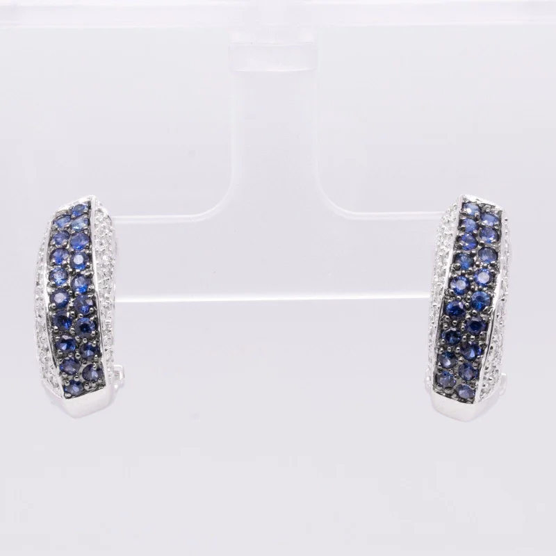 Hoop earrings with polished silver finish for a shiny, modern appeal-18k White Gold Pave Diamond Sapphire Curved J-Hoop Earrings 0.50ctw G VS2