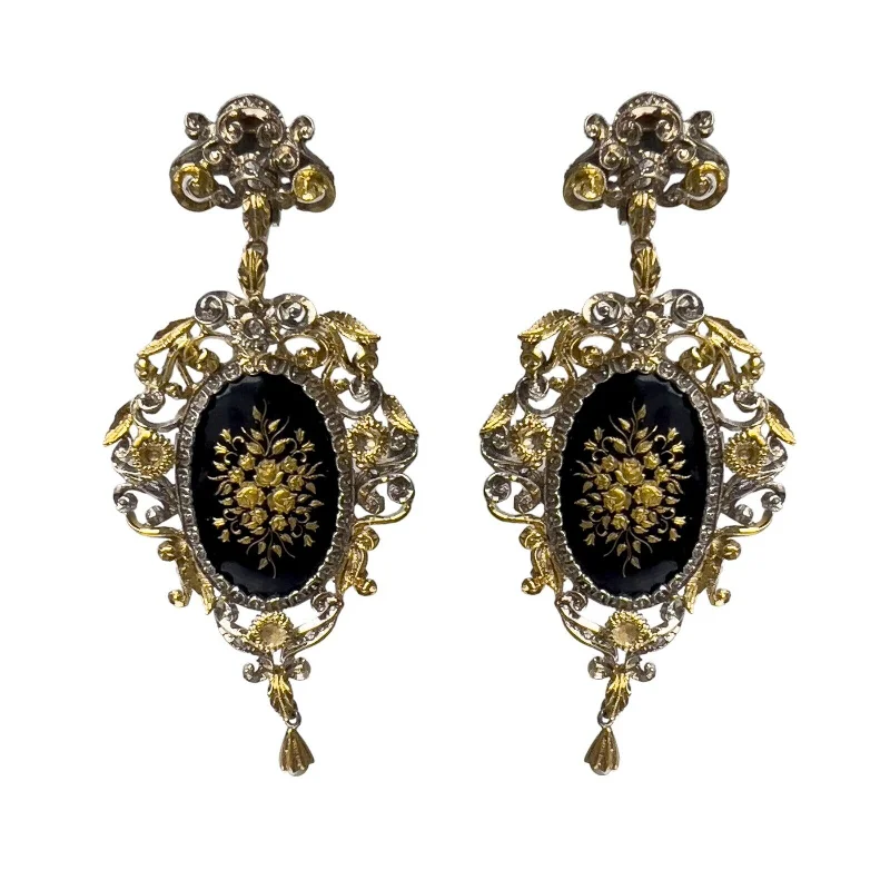 Best hoop earrings with gold-plated finishes for an affordable luxury vibe-Antique 18k Yellow Gold Painted Oval Cabochon Onyx & Pearl Earrings 36.5g