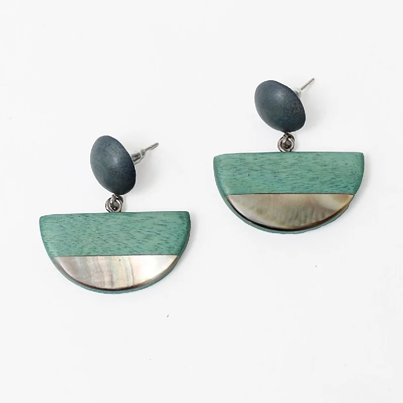 Best hoop earrings with textured silver for a rustic and organic finish-Aqua Wood and Shell Half Moon Earrings