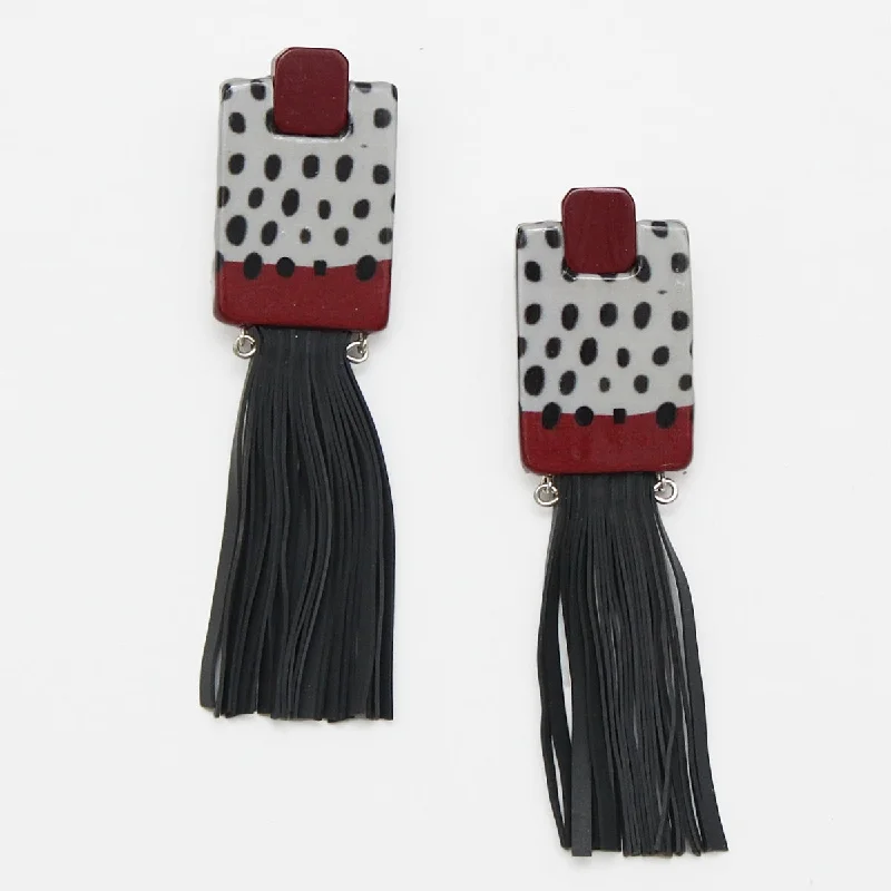 Hoop earrings with braided patterns for a detailed and textured finish-Black and Red Tassel Decoupage Zoey Earrings