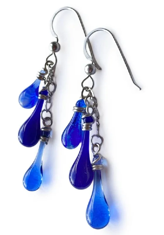 Hoop earrings with a chunky design for a bold and trendy statement-Dangling Trio Earrings, Mixed Blues