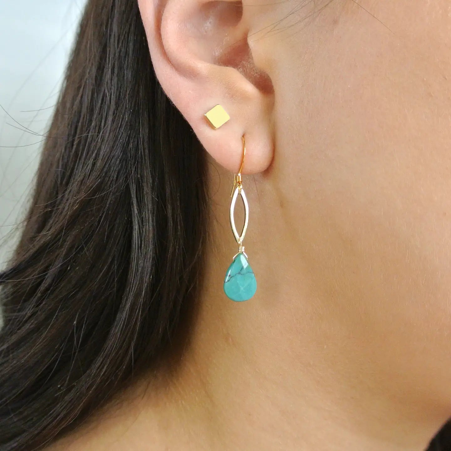 Best hoop earrings with geometric shapes for a modern and artistic appeal-Dainty Turquoise Gold Eyelet Marquis Earring