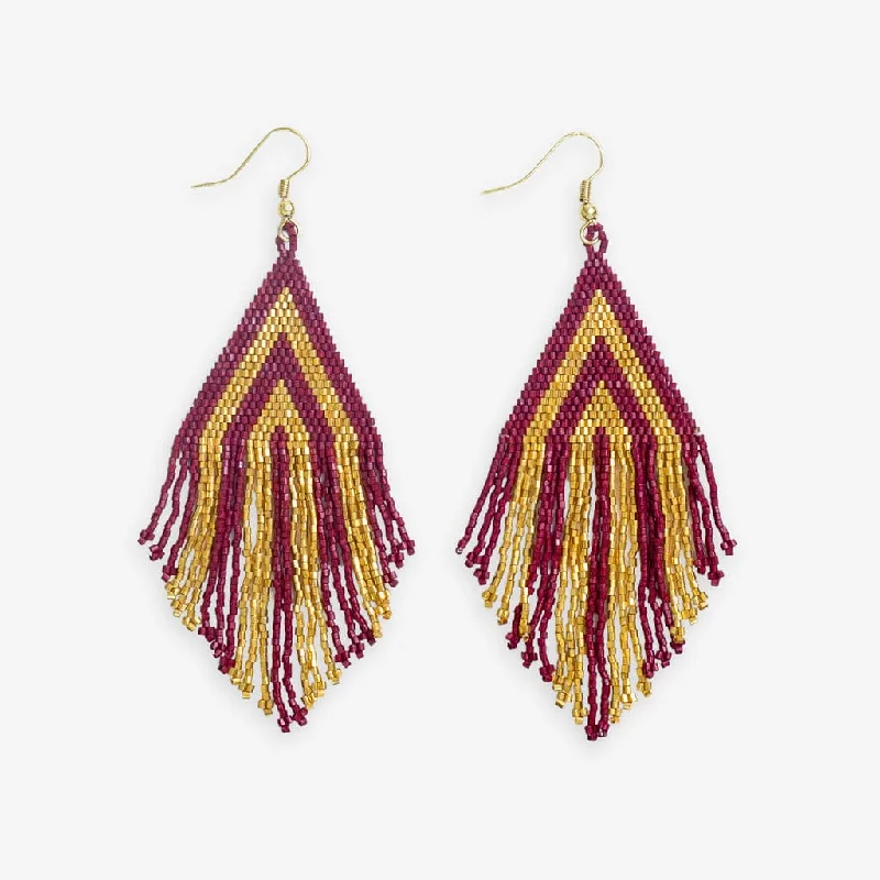 Best hoop earrings with intricate beaded details for a textured, stylish appearance-Haley Game Day Stacked Triangle Beaded Fringe Earrings Dark Red and Gold