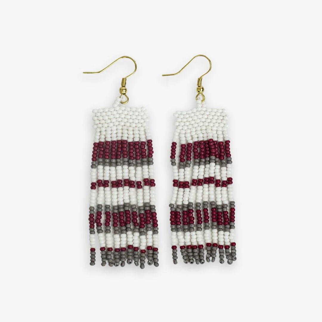 Classic hoop earrings with a thin profile for a sleek and subtle style-Adaline Game Day Horizontal Stripes Beaded Fringe Earrings Dark Red and Gray