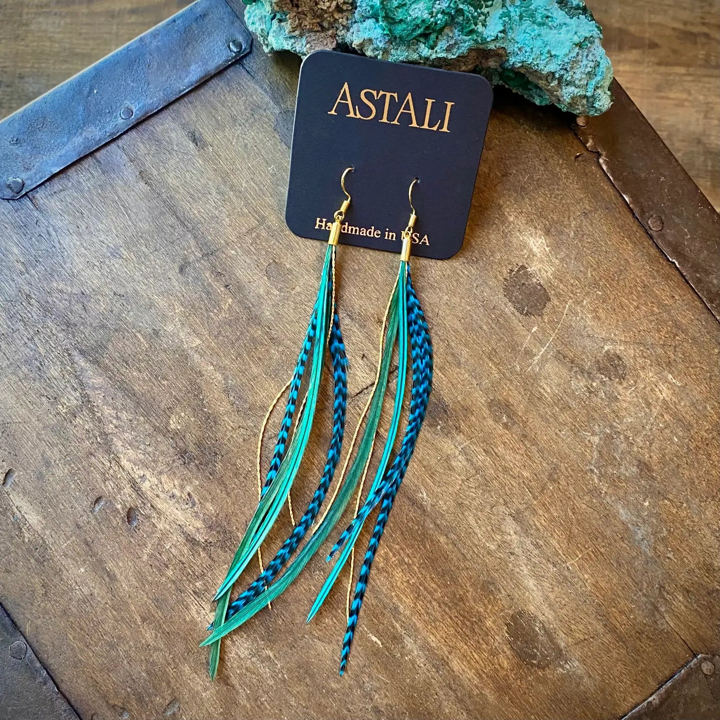 Hoop earrings with polished metal for a shiny and high-quality finish-Mini Feather Earrings in Green & Turquoise Grizzly