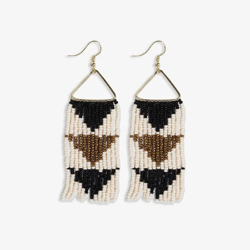 Hoop earrings with open designs for a modern, lighthearted vibe-Whitney Flipped Triangle Beaded Fringe Earrings Black/White