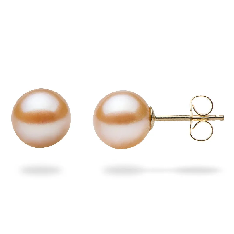 Hoop earrings with spiral designs for a dynamic and fluid look-Peach Freshwater Pearl Earrings in Gold - 7-8mm