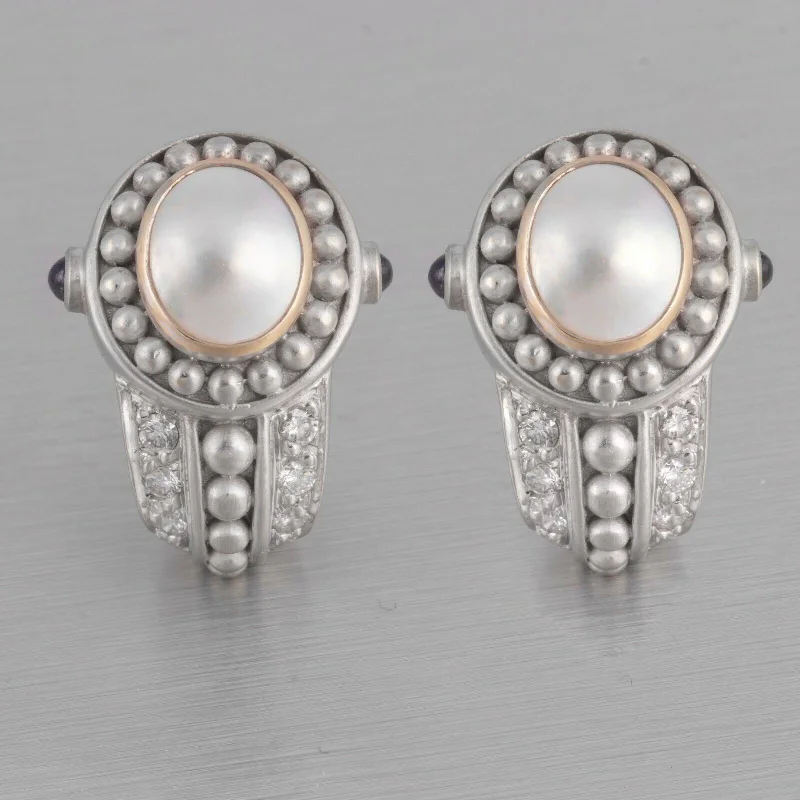 Best hoop earrings with sparkling cubic zirconia for a brilliant, budget-friendly effect-Judith Ripka 18k White Gold Cabochon Pearl Diamond & Sapphire Earrings 0.50ctw