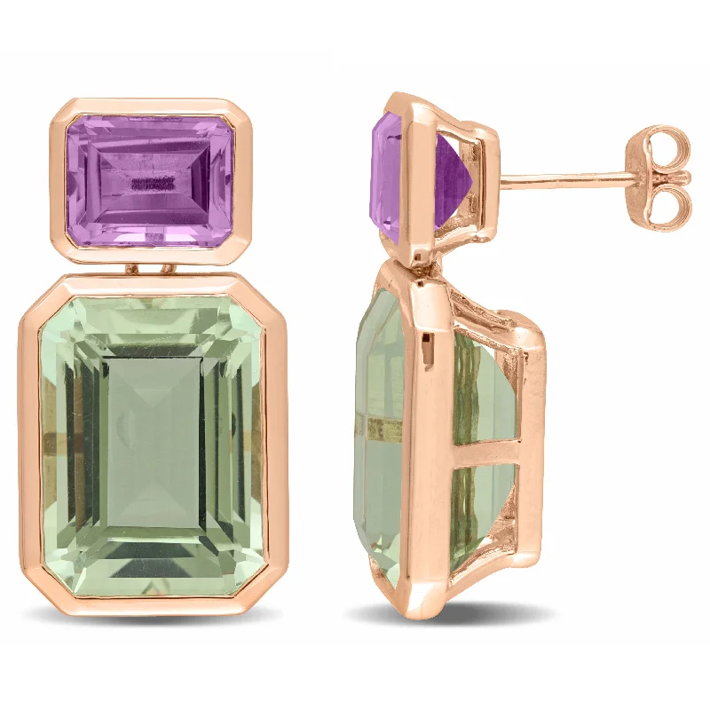 Hoop earrings with removable pendants for a versatile and customizable accessory-Mimi & Max Womens 28ct TGW Octagon-Cut Rose De France and Octagon-Cut Green Quartz Two Stone Earrings in Rose Plated Sterling Silver