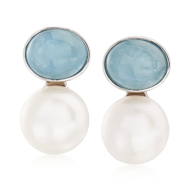 Best hoop earrings with snake chain details for a sleek and modern touch-Ross-Simons 13.5-14mm Cultured Pearl and 10.00 Aquamarine Earrings in Sterling Silver