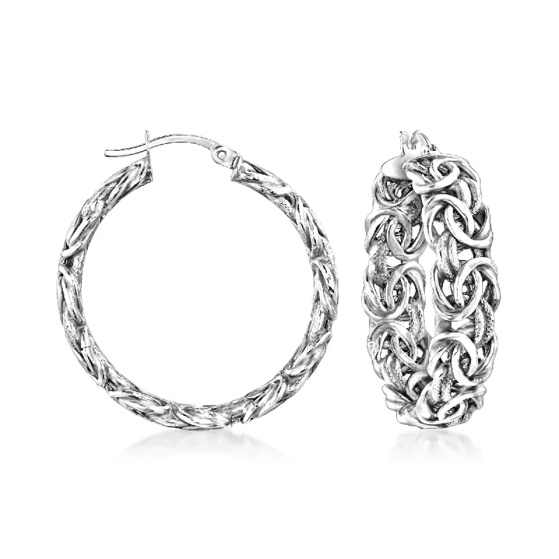 Hoop earrings with abstract wirework for an artistic, unique look-Ross-Simons 14kt White Gold Byzantine Hoop Earrings