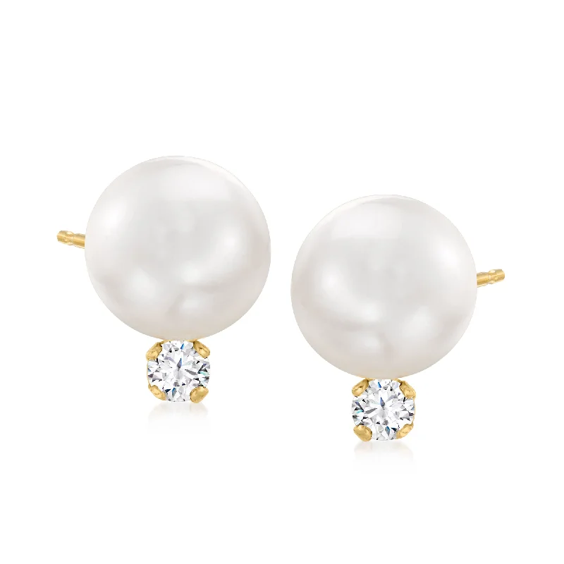 Hoop earrings with luxe velvet finishes for a rich and luxurious touch-Ross-Simons 7-7.5mm Cultured Akoya Pearl and . Diamond Accent Earrings in 14kt Yellow Gold