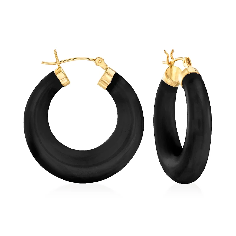 Best hoop earrings with geometric shapes for a modern and artistic appeal-Ross-Simons Black Onyx Hoop Earrings in 14kt Yellow Gold