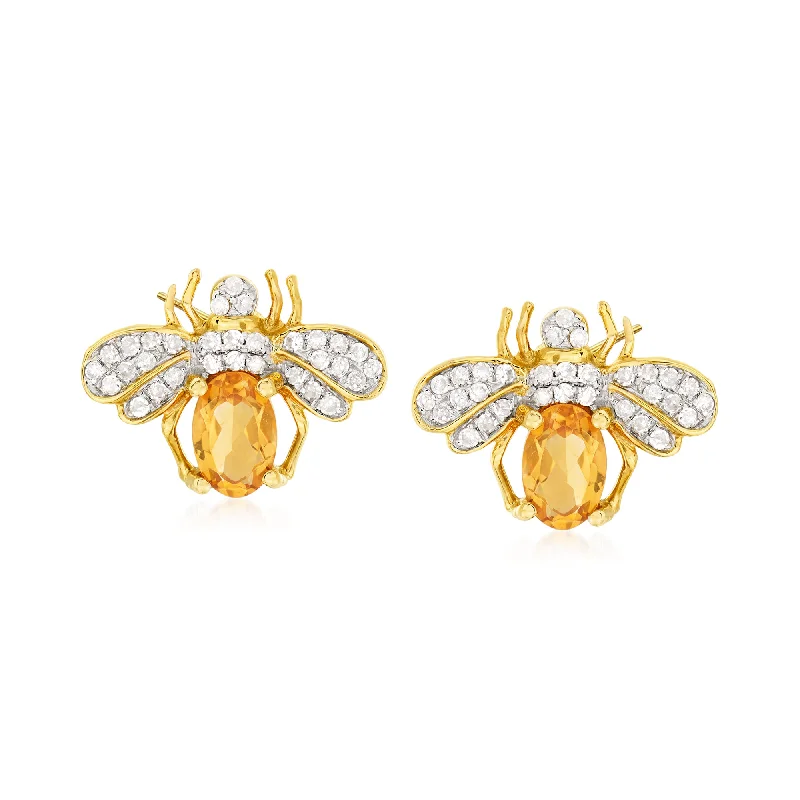 Stylish hoop earrings with diamond accents for an elegant and sparkling effect-Ross-Simons Citrine and . Diamond Bee Earrings in 14kt Yellow Gold