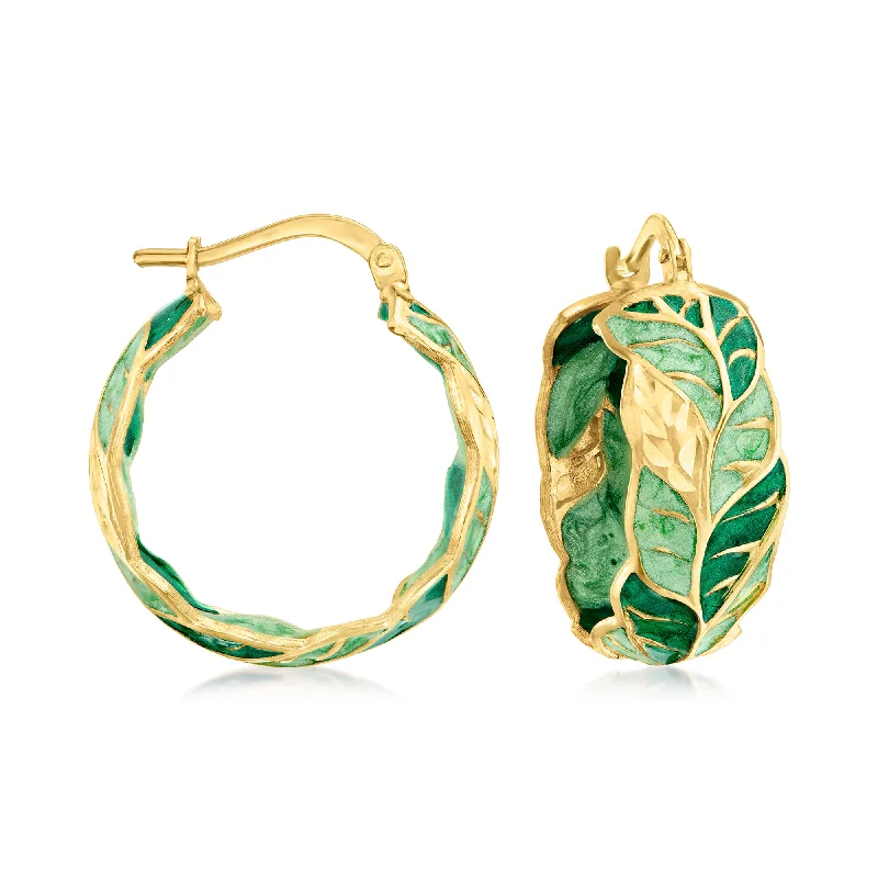 Classic hoop earrings with a thin profile for a sleek and subtle style-Ross-Simons Italian Green Enamel Leaf Vine Hoop Earrings in 14kt Yellow Gold