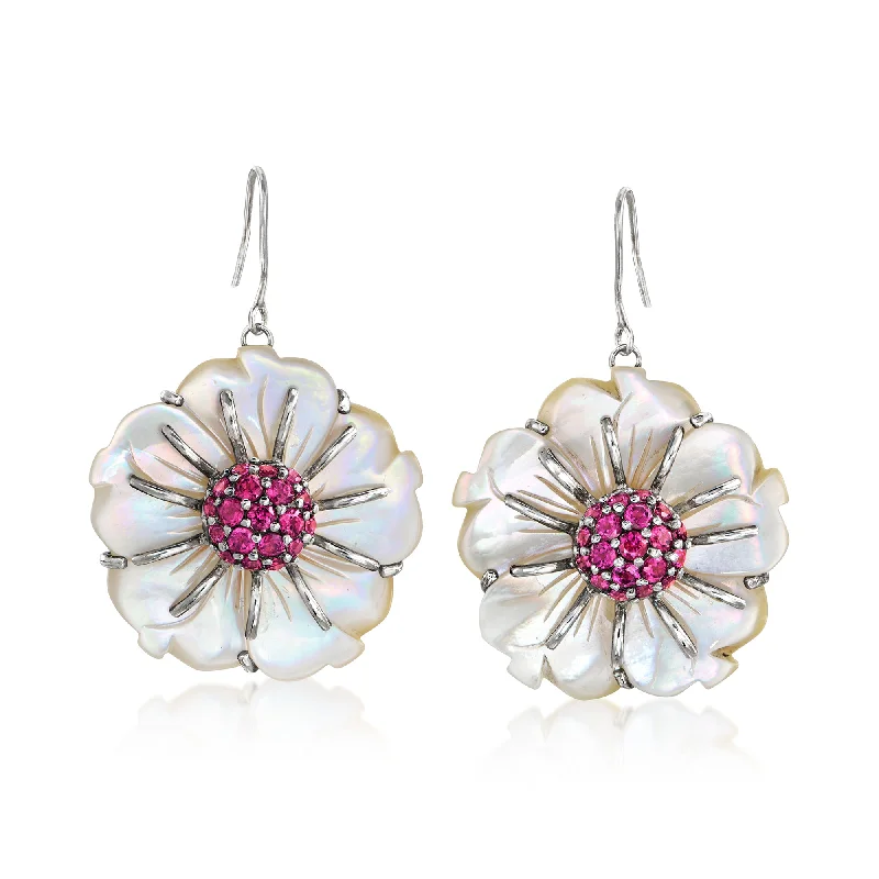 Best hoop earrings with intricate beaded details for a textured, stylish appearance-Ross-Simons Mother-Of-Pearl and Rhodolite Garnet Flower Earrings in Sterling Silver