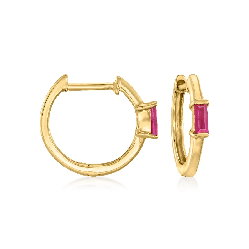 Best hoop earrings with floral designs for a feminine and delicate look-Ross-Simons Ruby Huggie Hoop Earrings in 14kt Yellow Gold