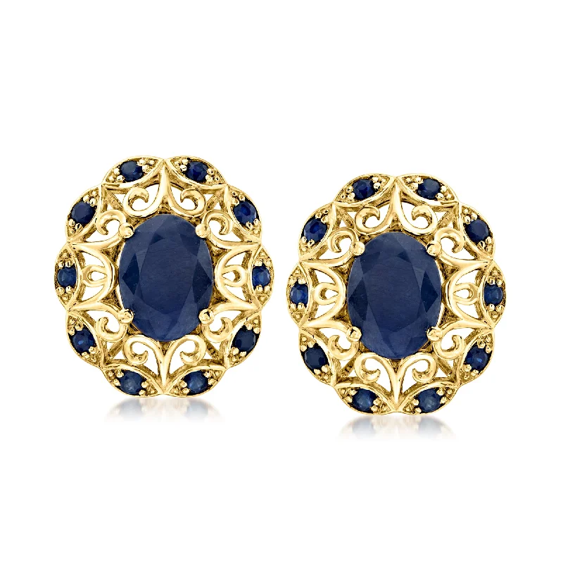 Stylish hoop earrings with diamond accents for an elegant and sparkling effect-Ross-Simons Sapphire Openwork Earrings in 14kt Yellow Gold