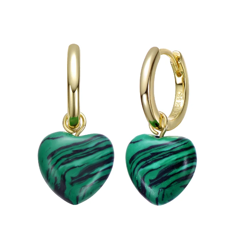 Hoop earrings with pearl accents for a chic and classic style-Sterling Silver 14k Gold Plated Simulated Malachite Puffed Heart Dangle Earrings