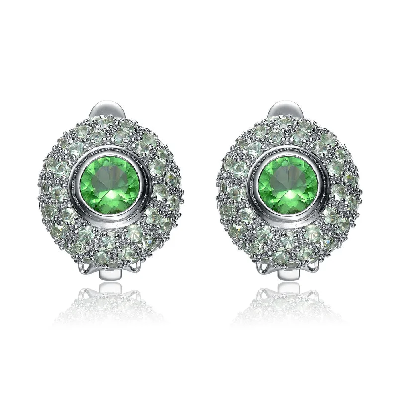 Best hoop earrings with smooth ceramic finishes for a polished, clean style-Sterling Silver Green and Clear Cubic Zirconia Button Ring Earrings