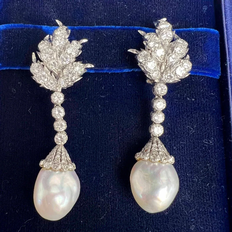 Vintage 70s Mario Buccellati Platinum Diamond Pearl Dangle Earrings 5.72ctw BOX