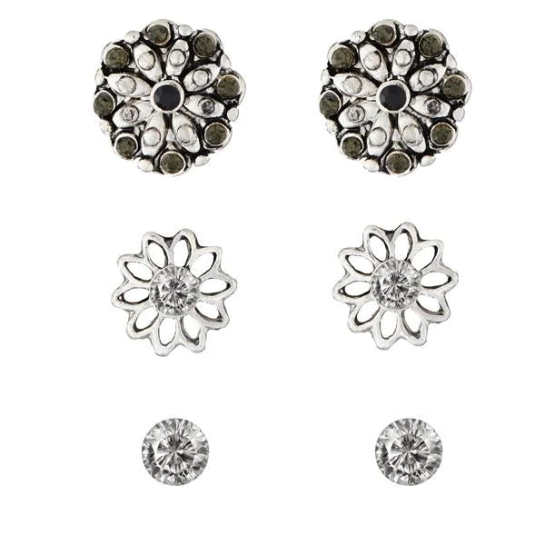 Stud Earrings with Vine Designs -Kriaa Black Rhodium Plated Stone Stud Earrings Set