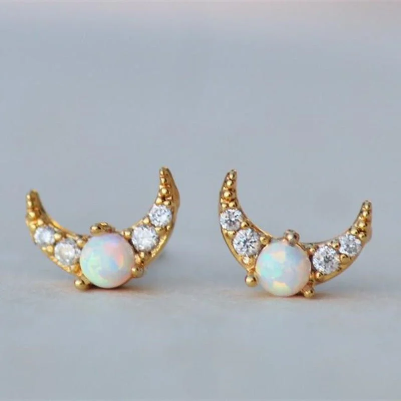 Stud Earrings for Fitness Activities -Opal and Gold Moon Stud Earrings