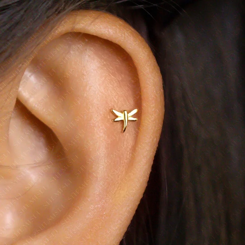 Contemporary Stud Earrings for Fashion -Tiny Dragonfly Stud Earrings, Unisex, Gold, Silver SS815 Butterfly End, SS816 Screw Ball End (Type A) LR