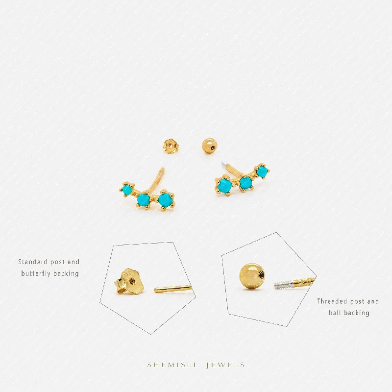 Vintage Stud Earrings with Patina -Tiny Triple Turquoise Stones Climber Stud Earrings, Unisex, Gold, Silver SHEMISLI SS248 Butterfly End, SS491 Screw Ball End (Type A) LR