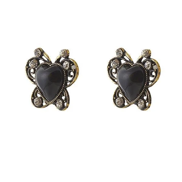 Stud Earrings with Debossed Designs -Urbana Black Heart Antique Gold Plated  Stud Earrings - 1306516