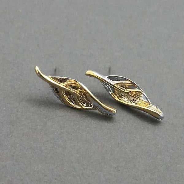 Gold Stud Earrings for Women -Urthn 2 Tone Plated Leaf Design Assorted Stud Earrings