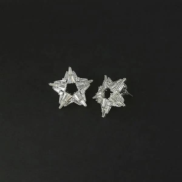 Stud Earrings with Rhinestones -Urthn AD Stone Rhodium Plated Stud Earrings - 1308042B