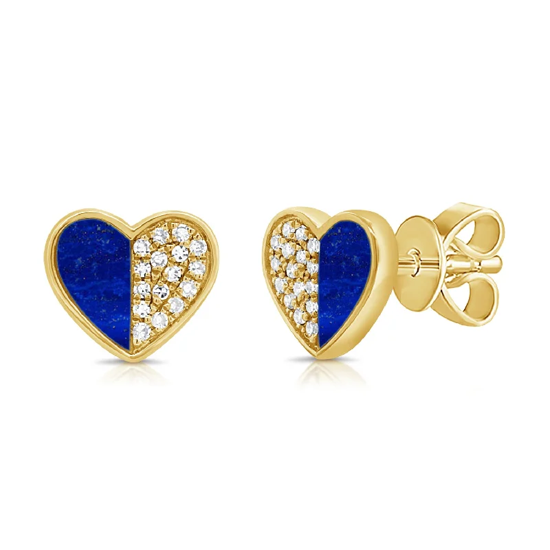 Stud Earrings for Prom Night -Lapis & Diamond Hearts & Love Stud Earrings