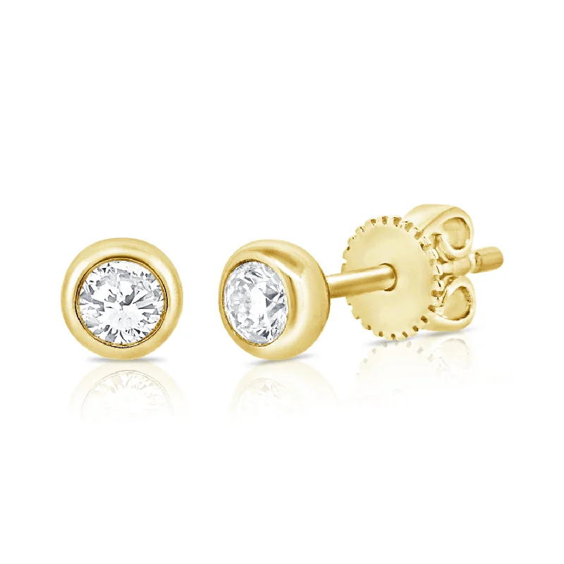 Push Back Stud Earrings for Convenience -14K Gold Bezel-Set Diamond Stud Earrings