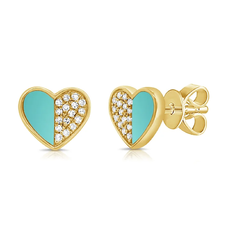 Triple Stud Earrings for Layered -14K Gold Turquoise & Diamond Heart Stud Earrings