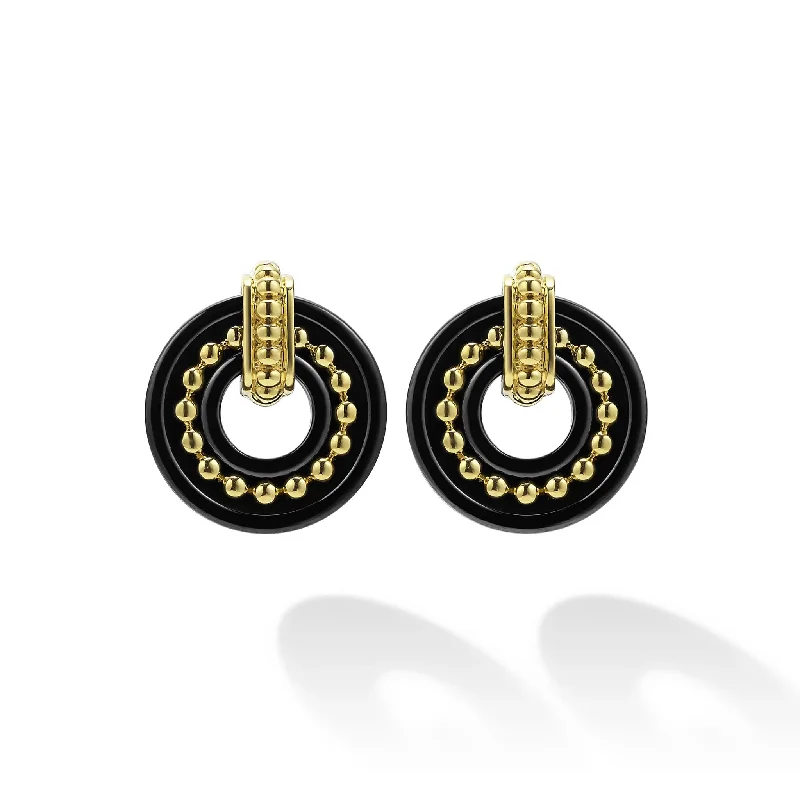 Stud Earrings with Embossed Patterns -18K Gold and Black Ceramic Stud Earrings